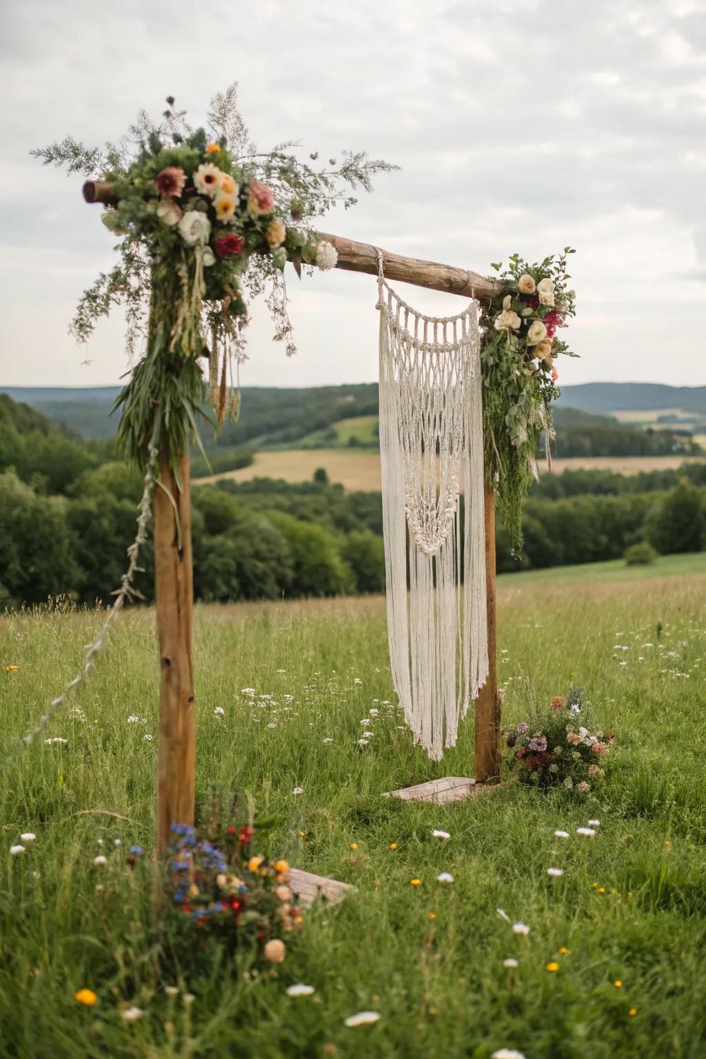 A bohemian dream arch with macramé and wildflowers, perfect for a free-spirited celebration.