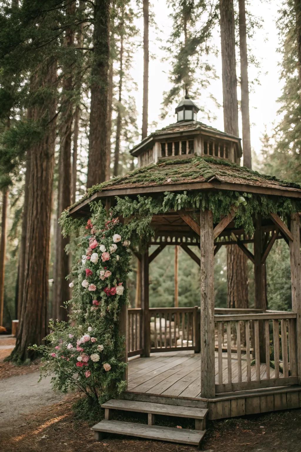 This wooden gazebo blends seamlessly with its woodland surroundings.