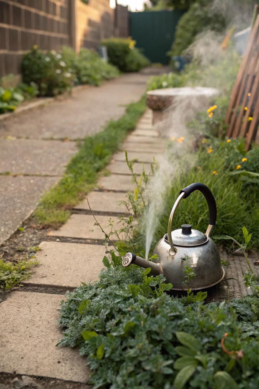 Boiling water can quickly eliminate pesky weeds on hard surfaces.