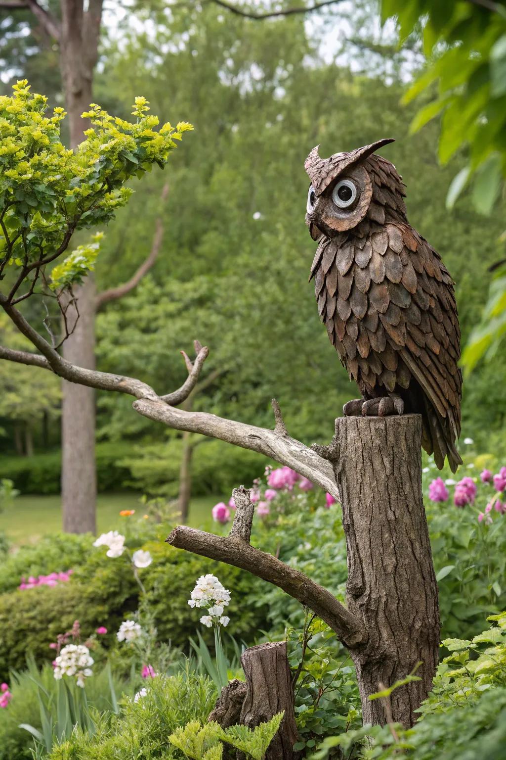 A wise owl crafted from recycled tools.