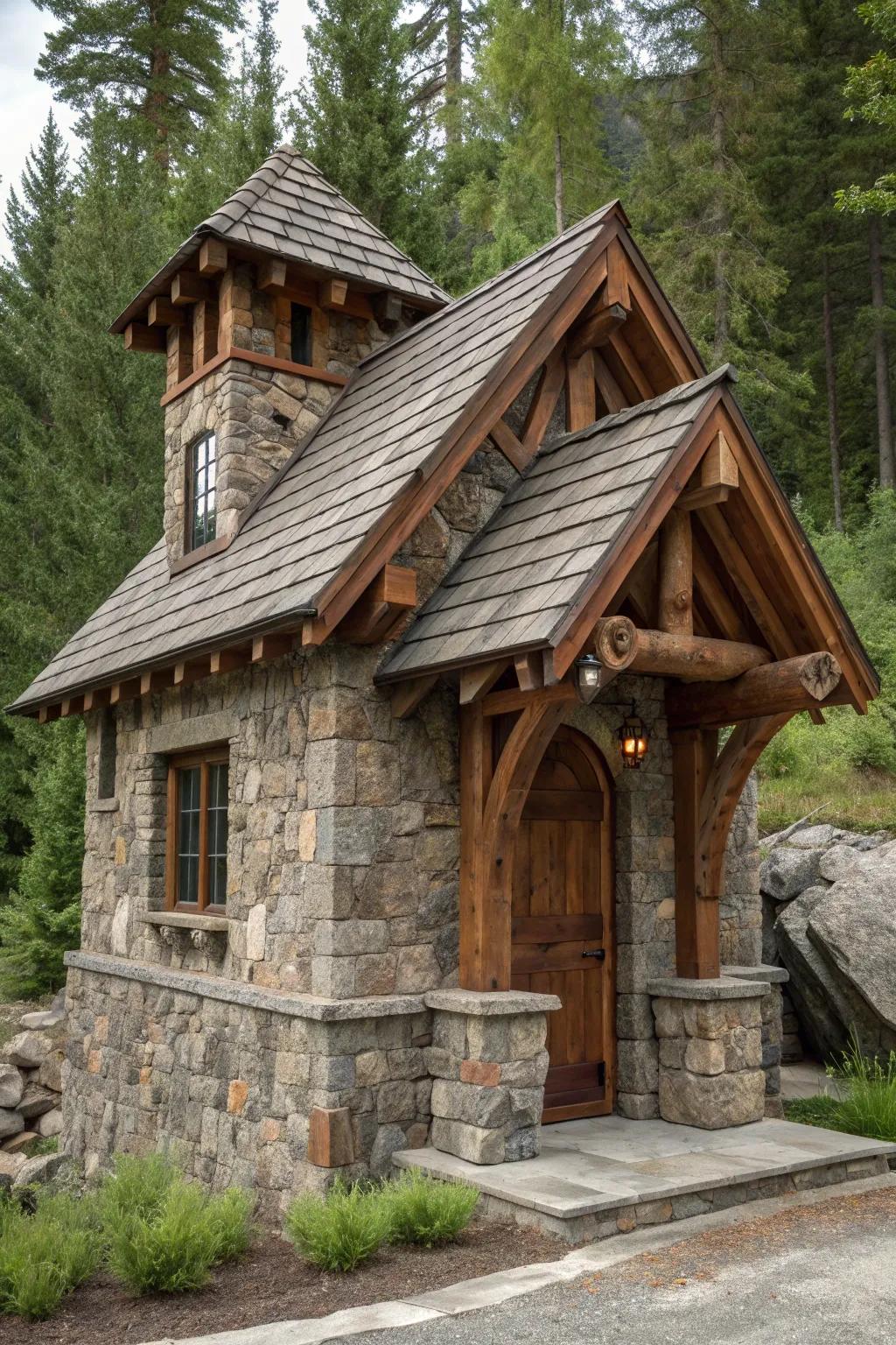 Experience the charm of rustic craftsmanship with this stone and timber well pump house, a perfect blend of strength and style.