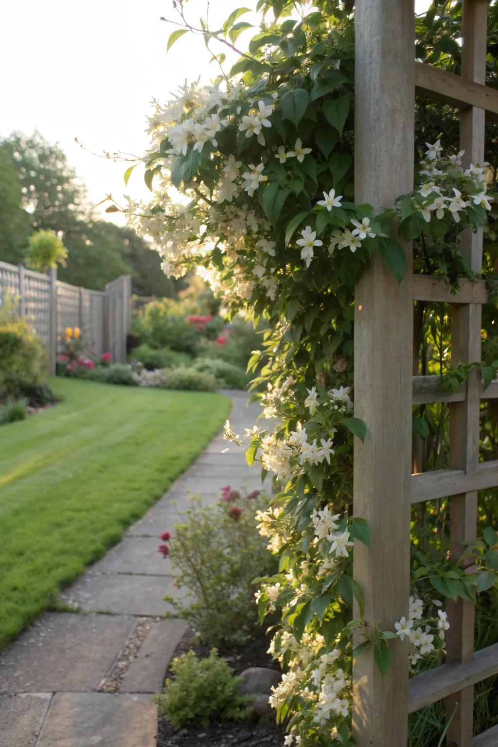 Jasmine climbing a trellis, adding vertical interest and fragrance.