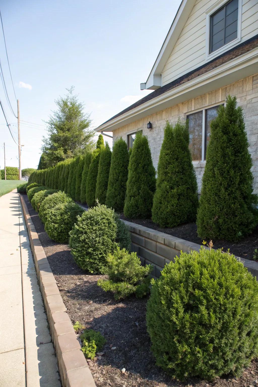 Evergreens offer a classic and enduring touch to foundation gardens.