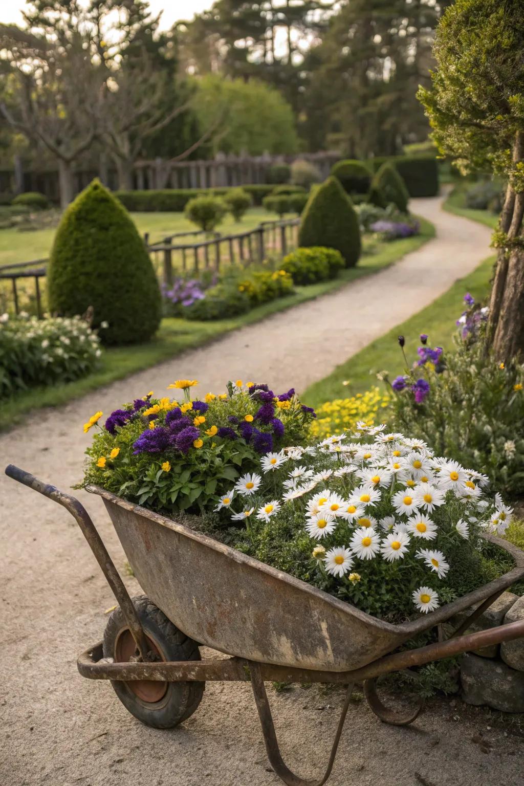 Nostalgic blooms in a vintage wheelbarrow set a timeless scene.