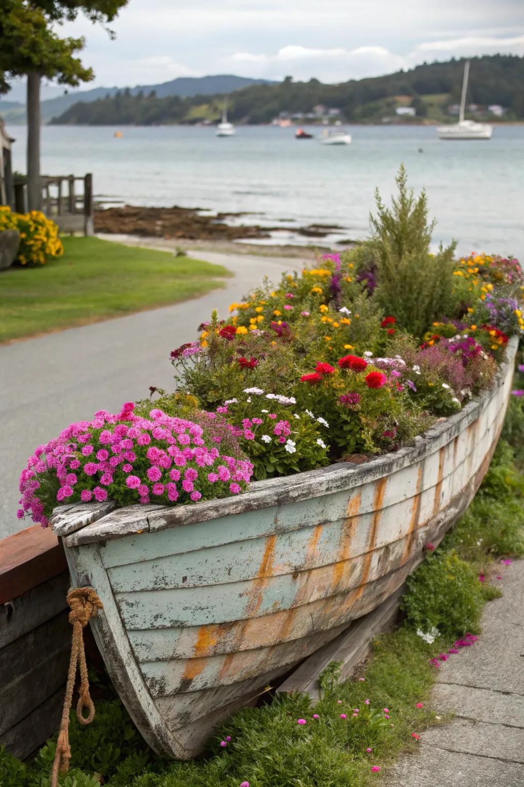 A boat planter brings nautical whimsy to the garden.
