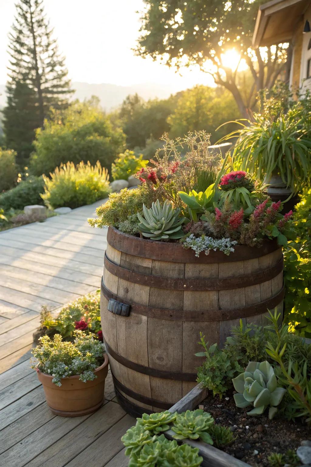 Succulents offer a modern, low-maintenance option for whiskey barrel planters.