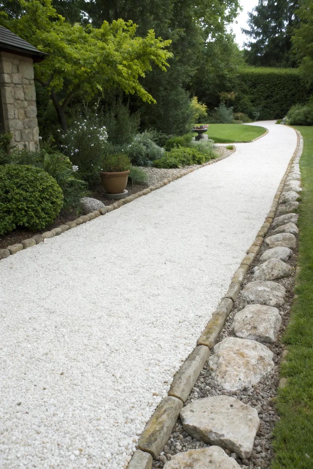 White gravel driveway with elegant stone edging.