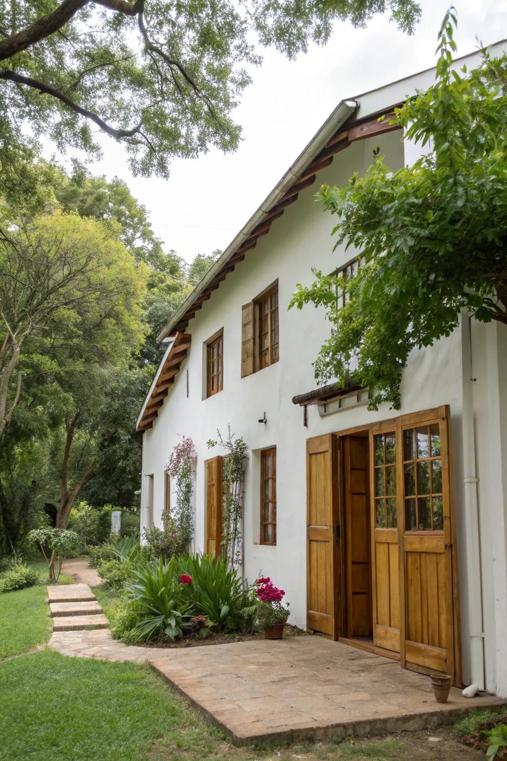 A white home featuring warm wooden accents, creating a cozy and inviting look.