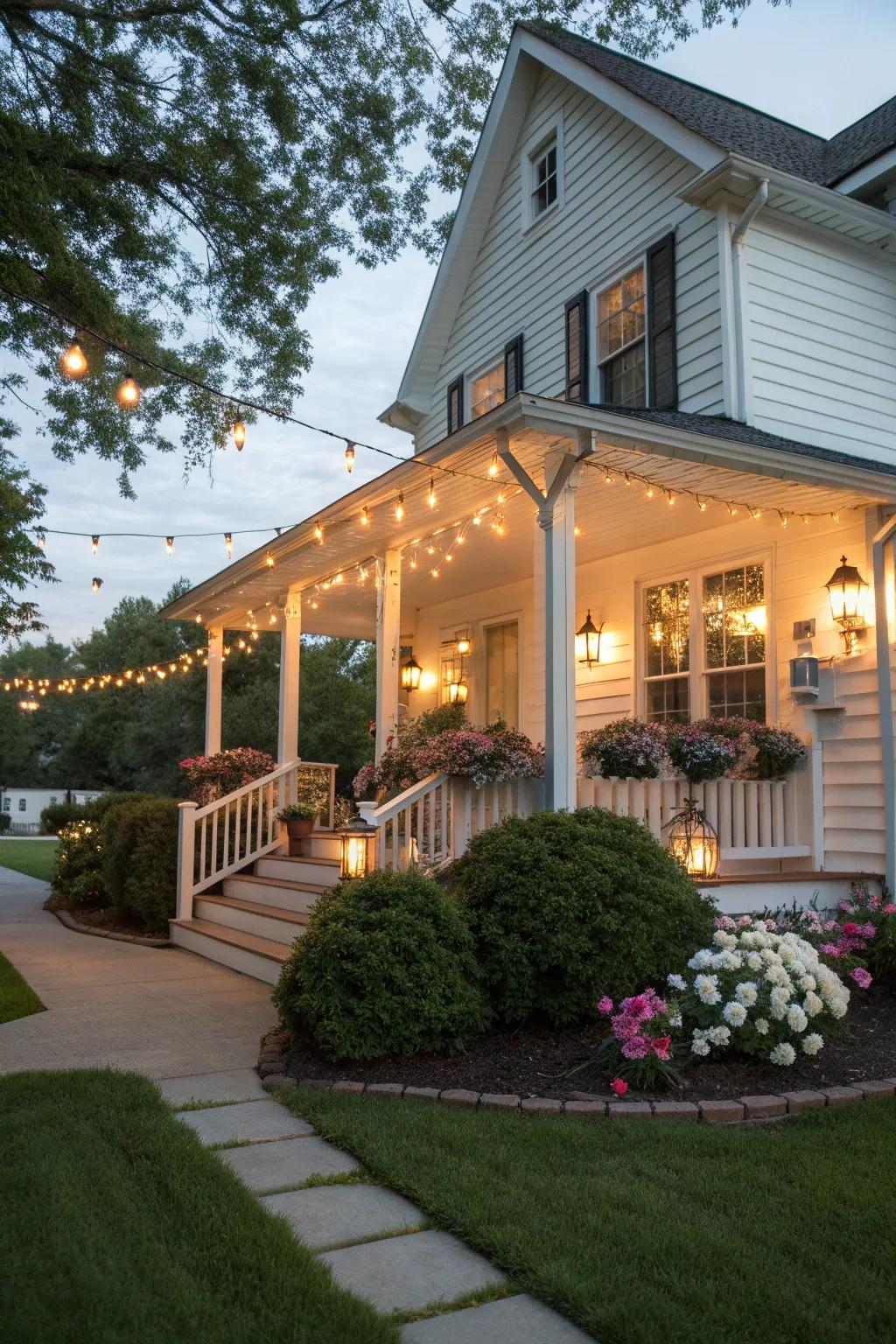 Charming lighting transforms a porch into a cozy evening retreat.
