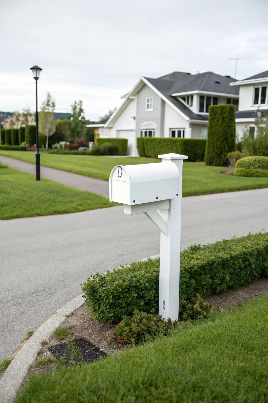A sleek white mailbox with modern design complements contemporary architecture.