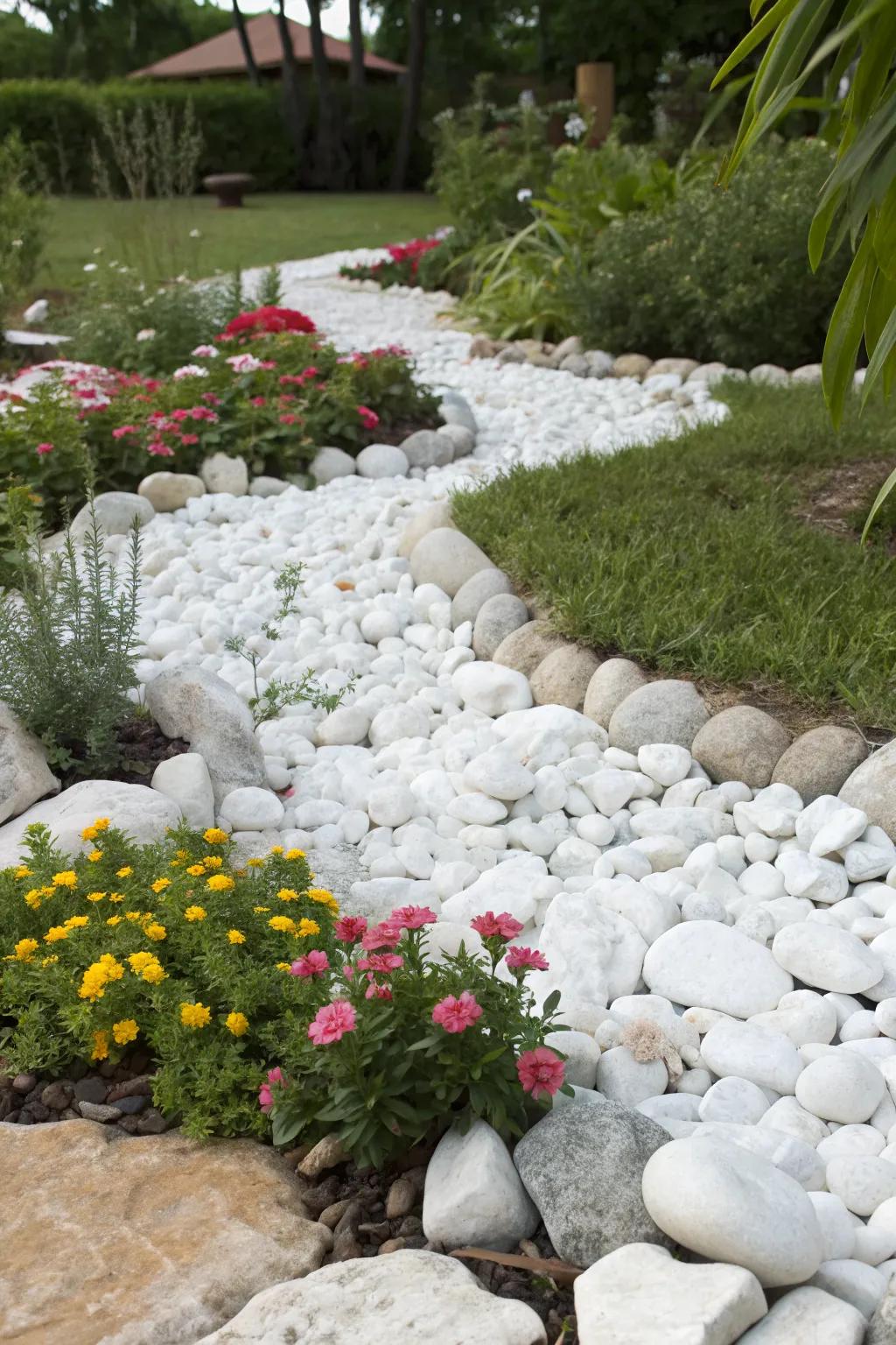 Layered textures with varied white rocks in a garden bed.