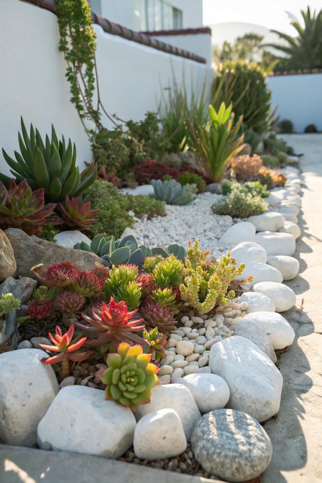 Succulents and white rocks make a perfect pairing for easy care.
