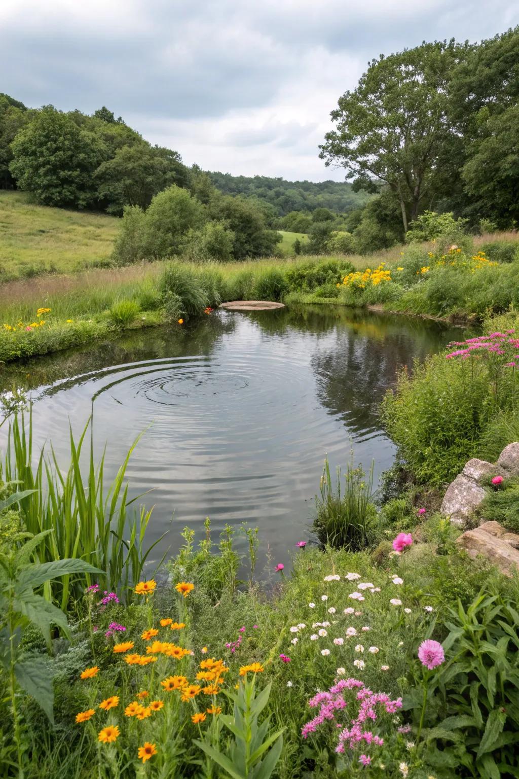 A tranquil pond enhancing the wild garden's serenity.