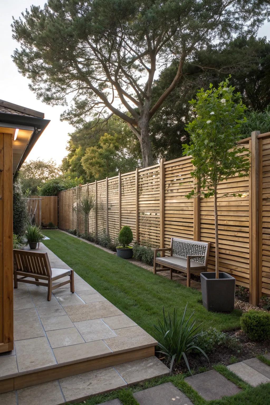 Wooden slats offer customizable privacy and wind protection.