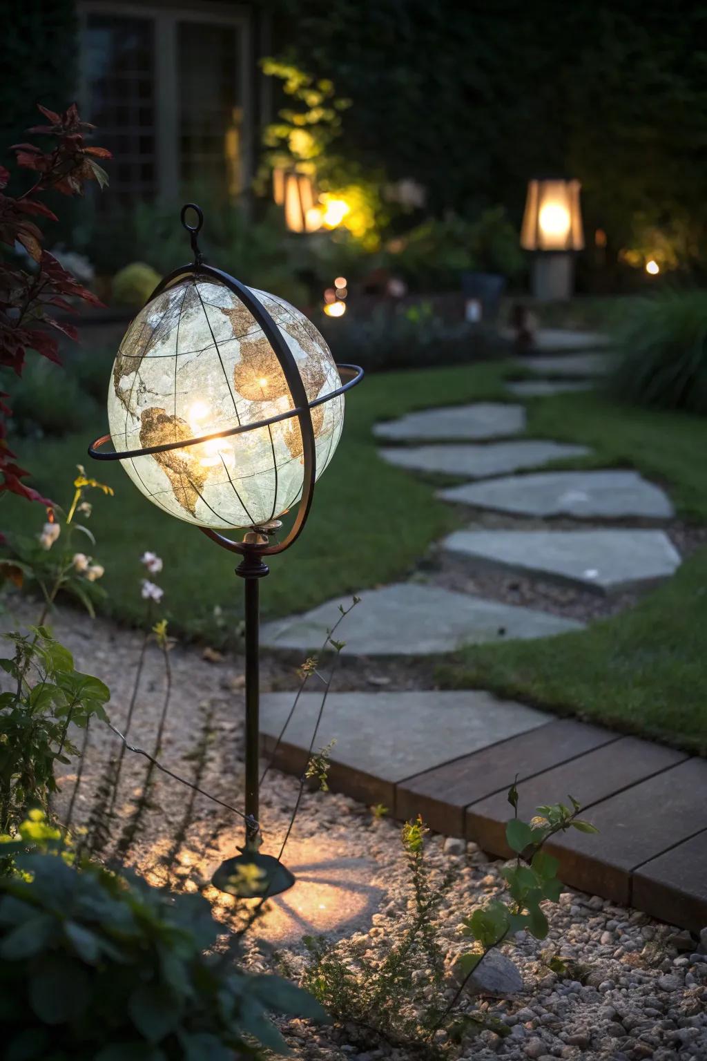 Glowing globe wind spinners add magic to night gardens.