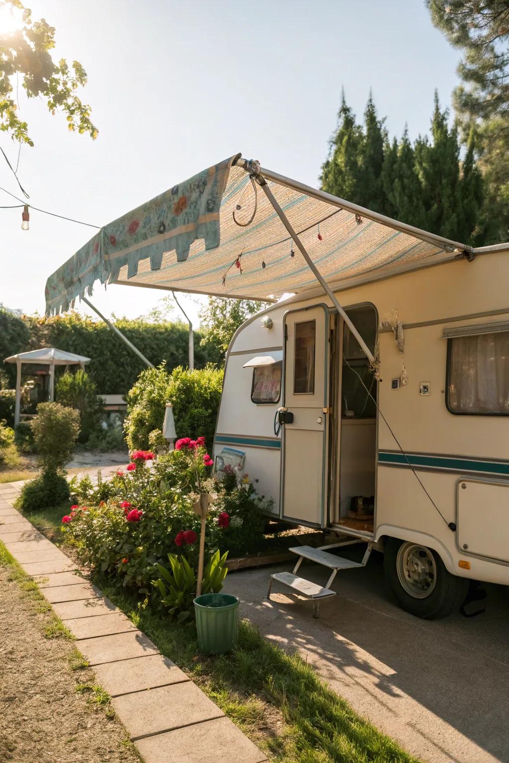 A creative DIY awning made from a beach umbrella, adding a unique touch.