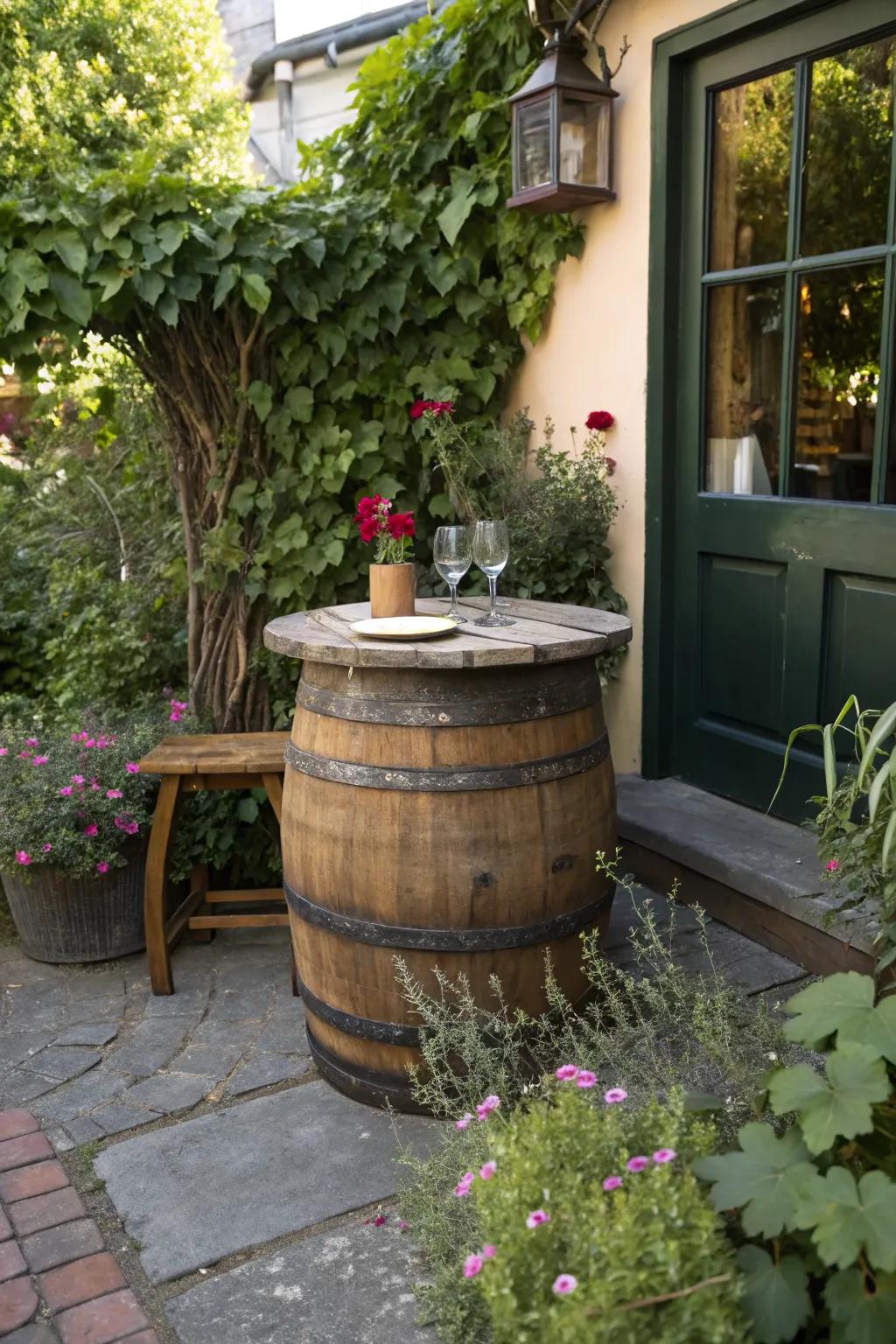Perfect for intimate settings, a wine barrel bistro table.