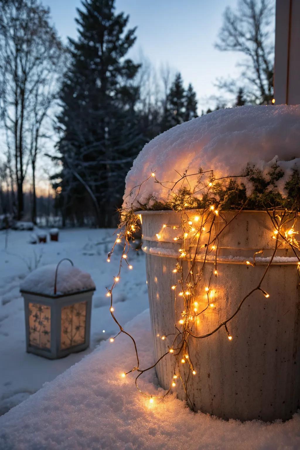 Fairy lights add a magical glow to winter containers