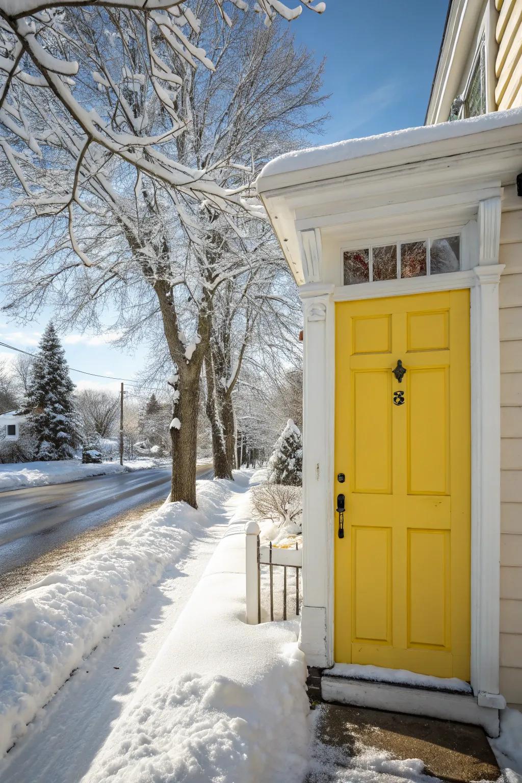 A front door painted in cheerful yellow, standing out against the snow.