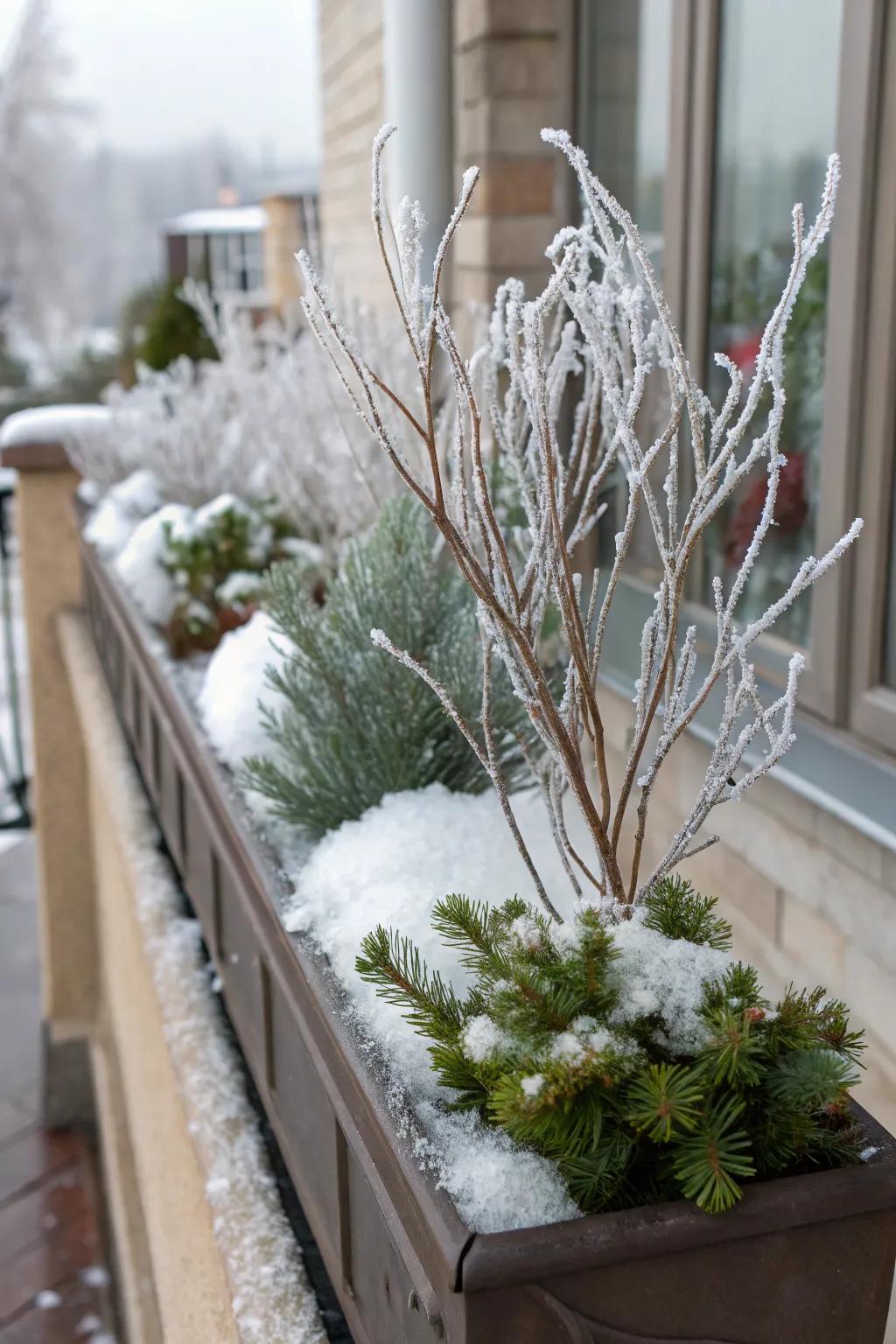 Frosted branches bring a magical wintry feel to flower boxes.