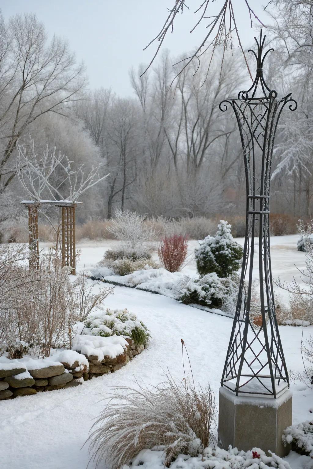 Garden art adds interest and charm during the colder months.