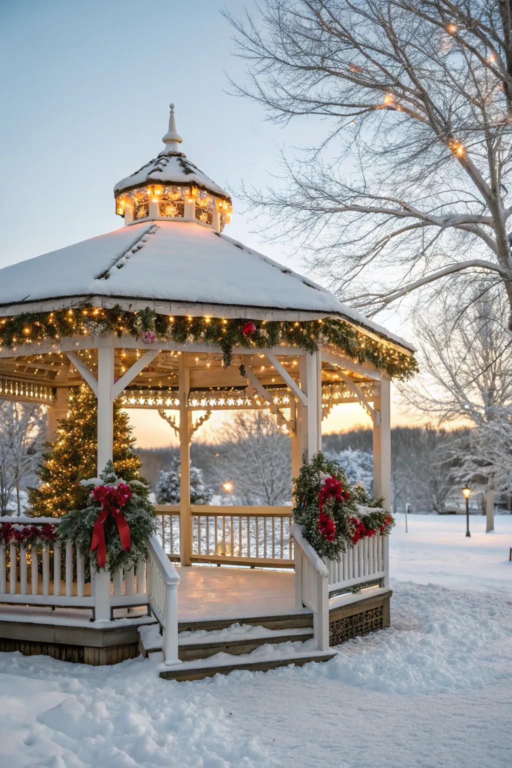 Festive decorations bring a holiday spirit to your winter gazebo.
