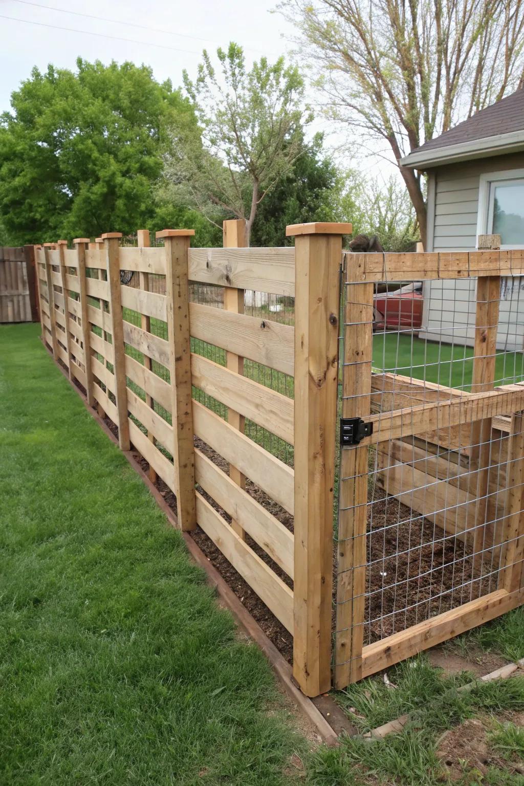Eco-friendly DIY fence using pallet wood and wire mesh.