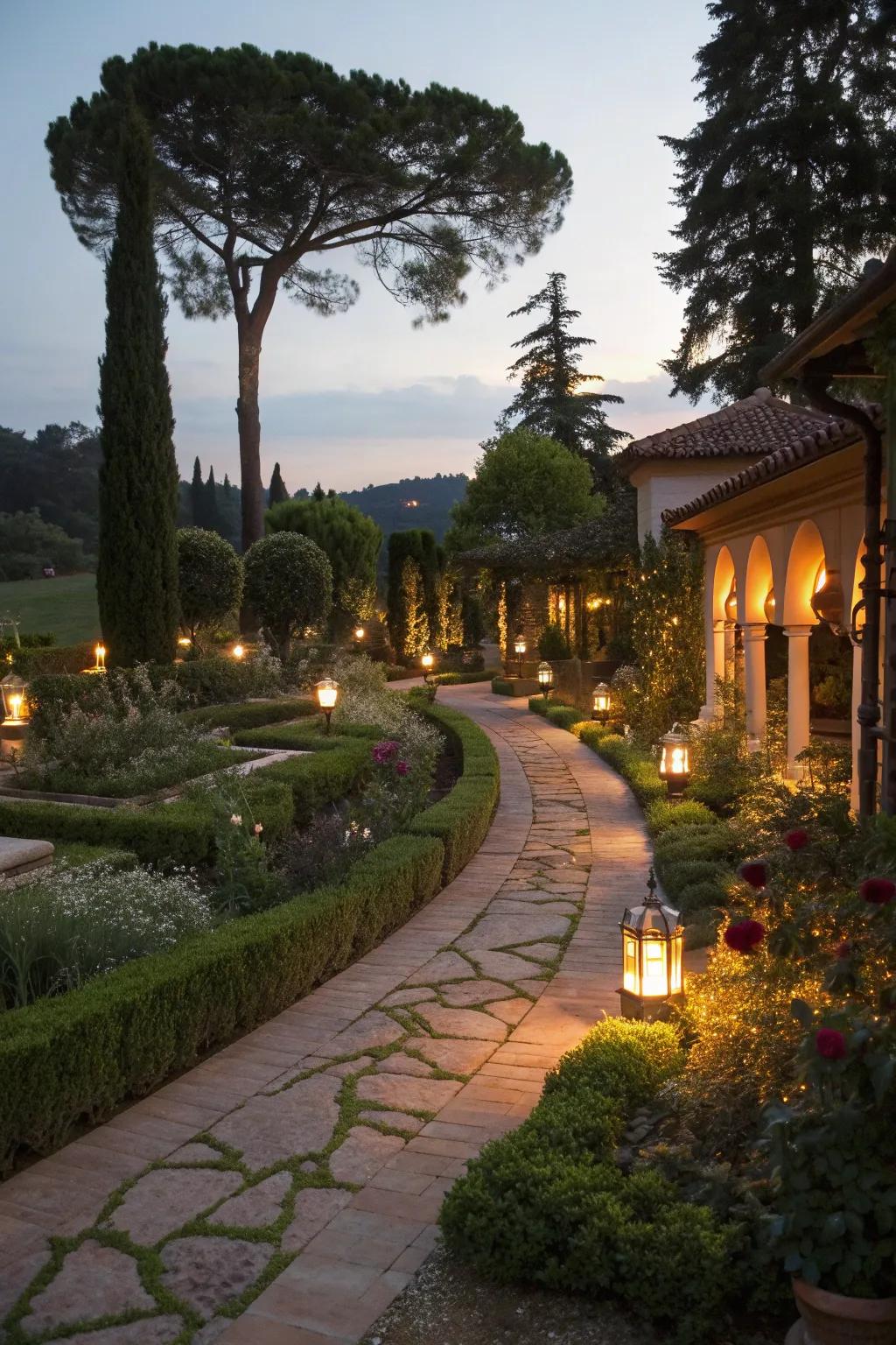Ambient lighting transforms a garden into a magical evening retreat.