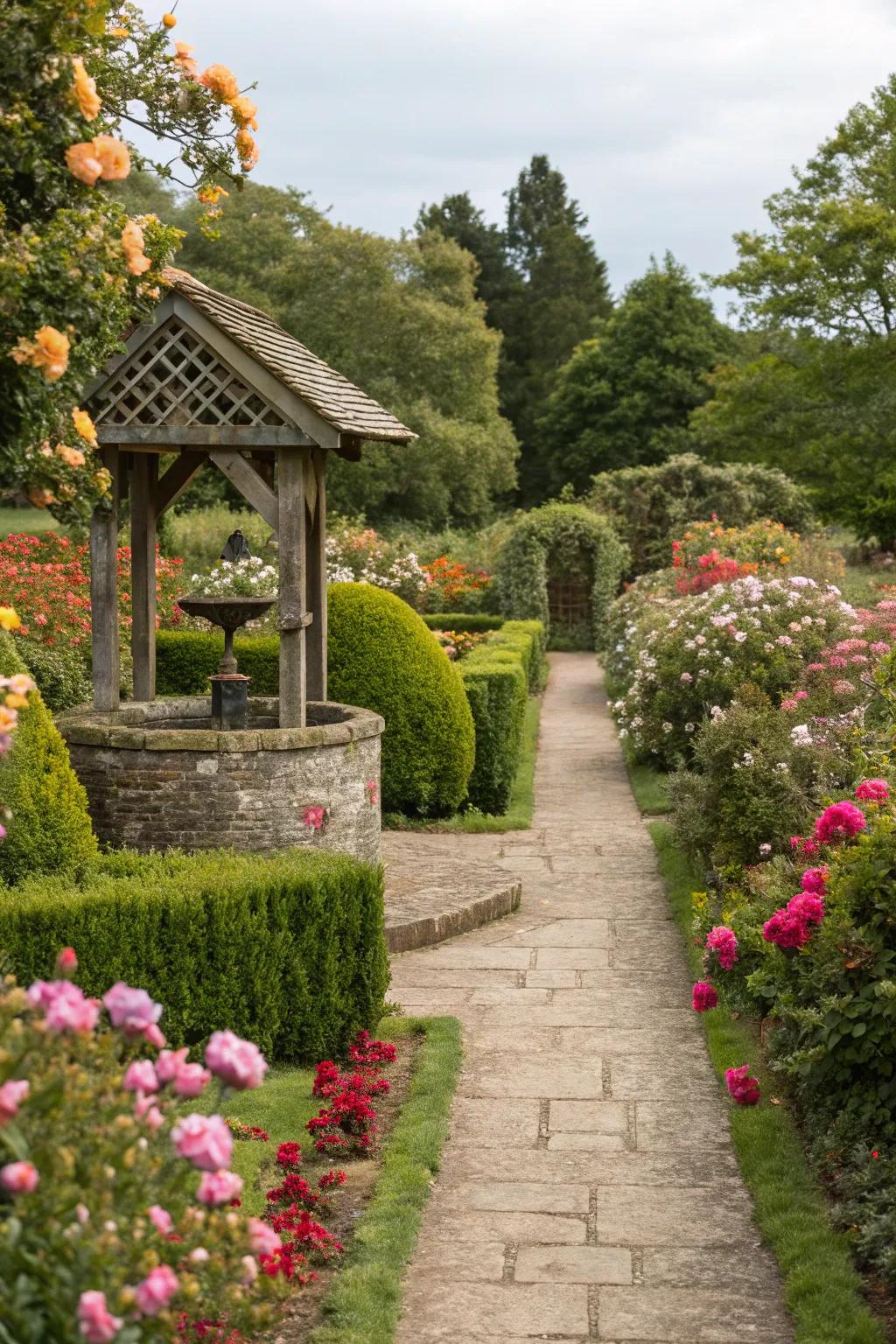 A charming pathway makes the wishing well the focal point of the garden.