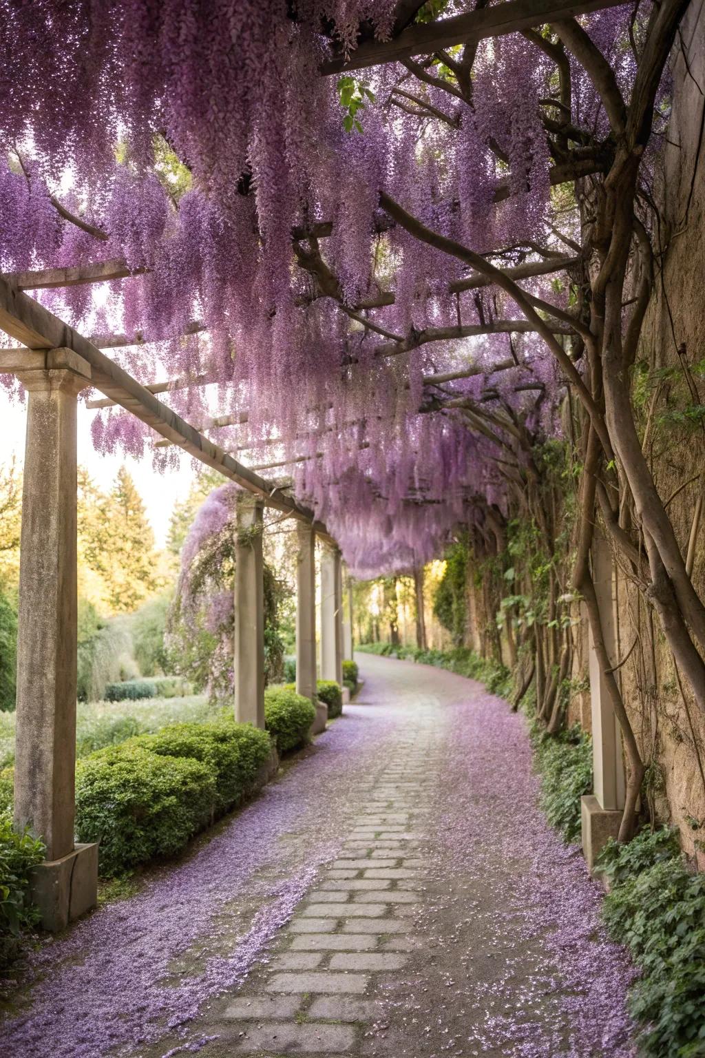 A garden path lined with wisteria, creating a dreamlike strolling experience.