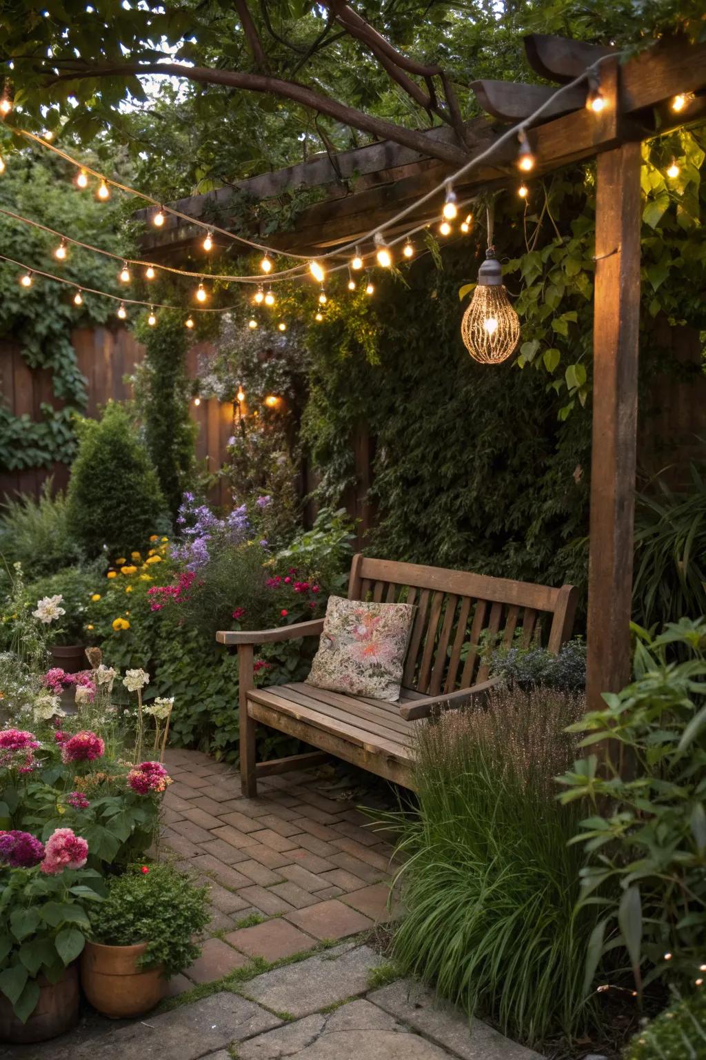 A rustic seating area invites relaxation and reflection.