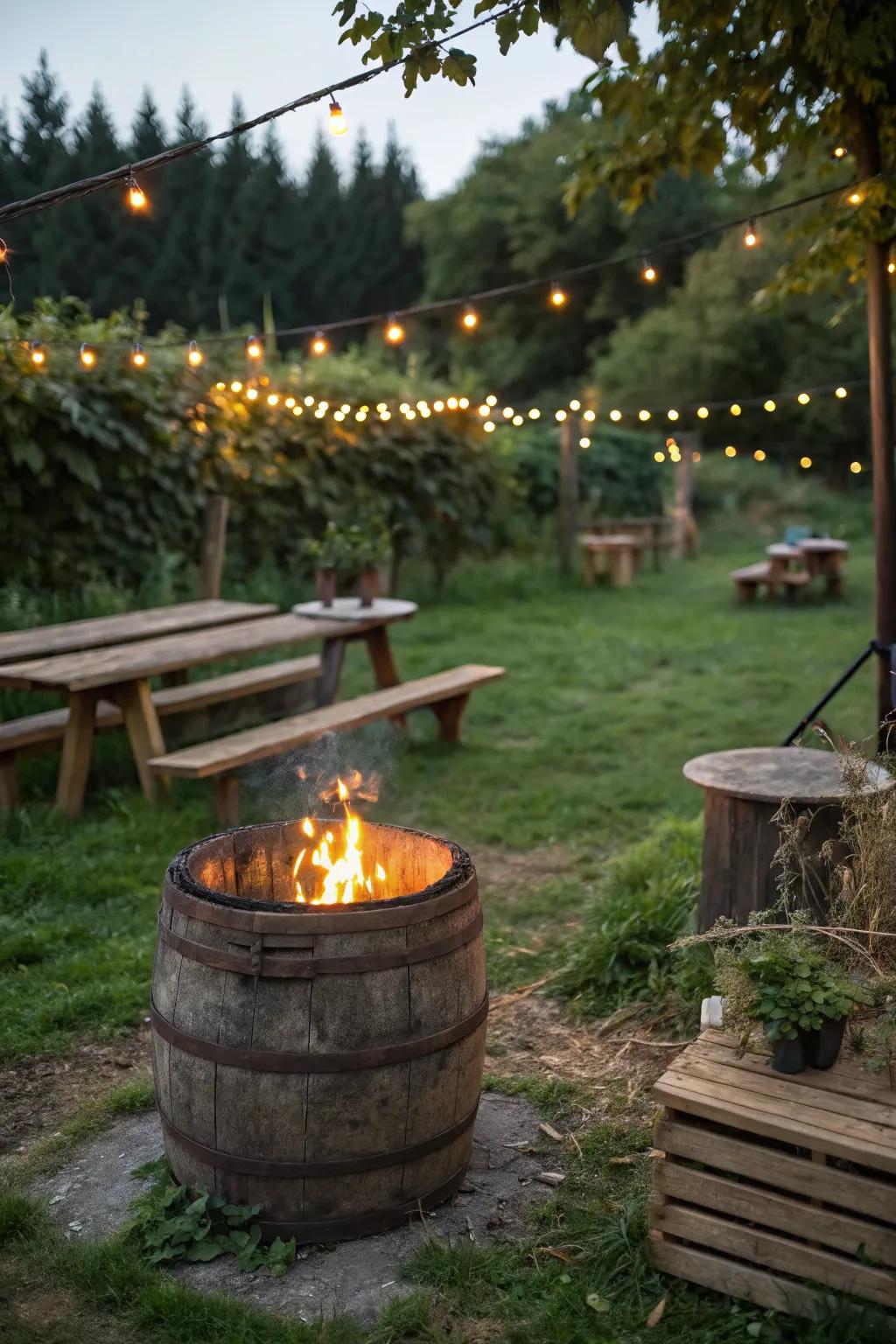 A rustic barrel fire pit offers a unique and inviting atmosphere.
