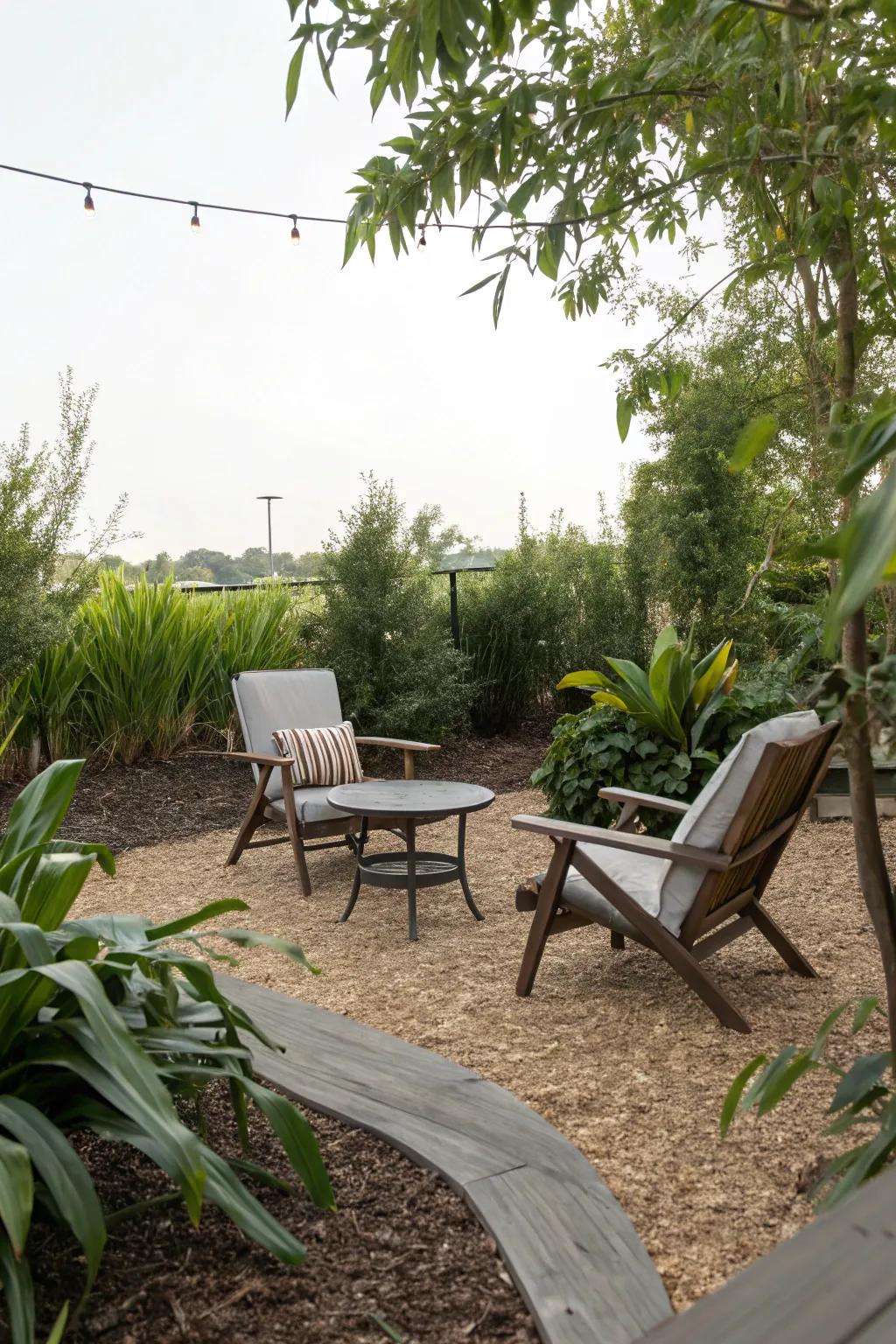 An inviting seating area with a natural wood chip base.