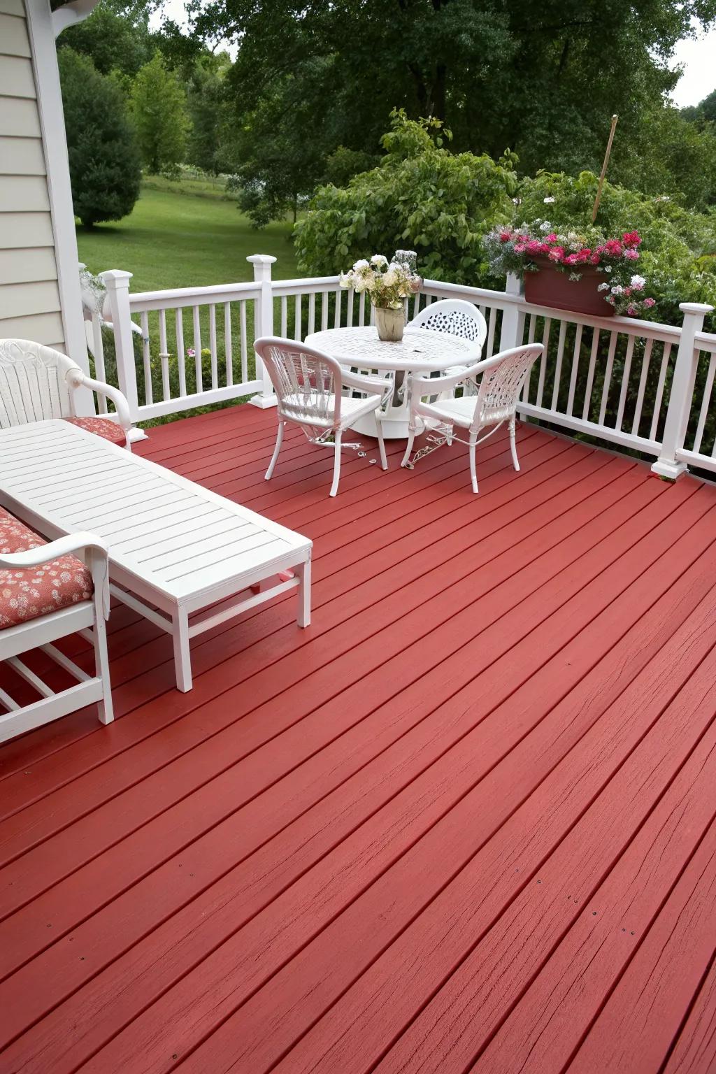 A bold red deck that stands out with its vibrant character.