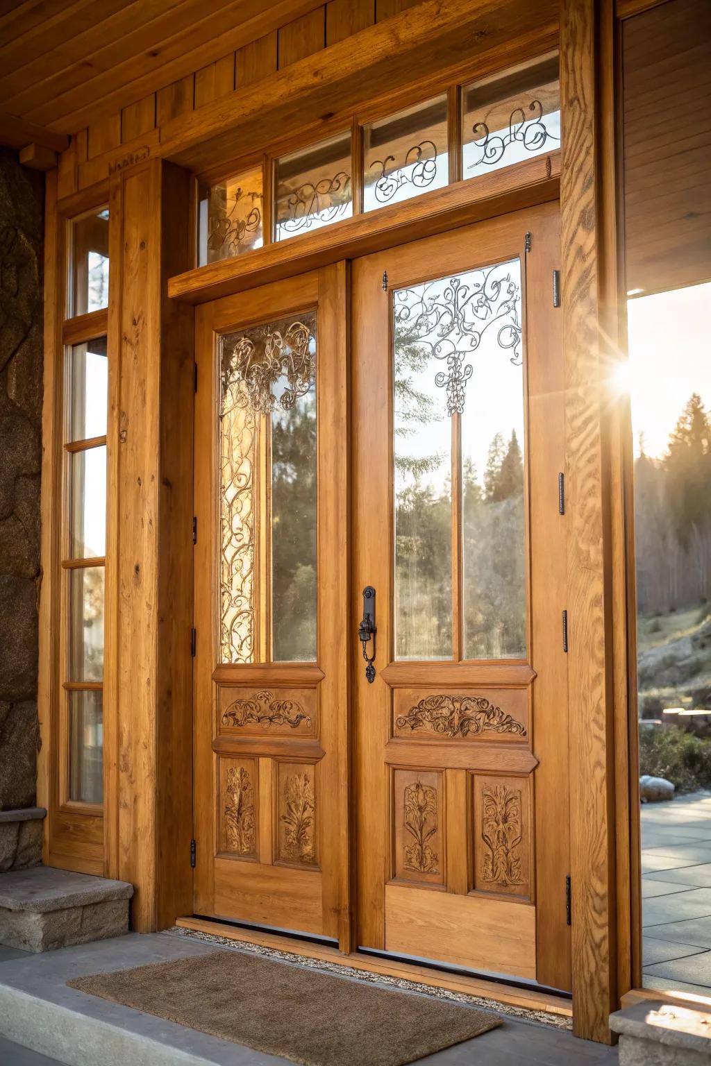 Glass accents in wooden doors for a light-filled entry.