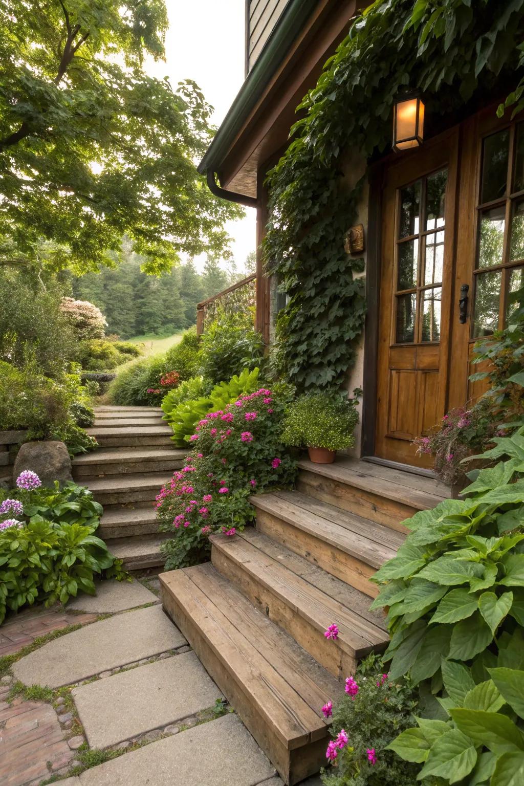 Lush plants and flowers beautifully frame the wooden steps.