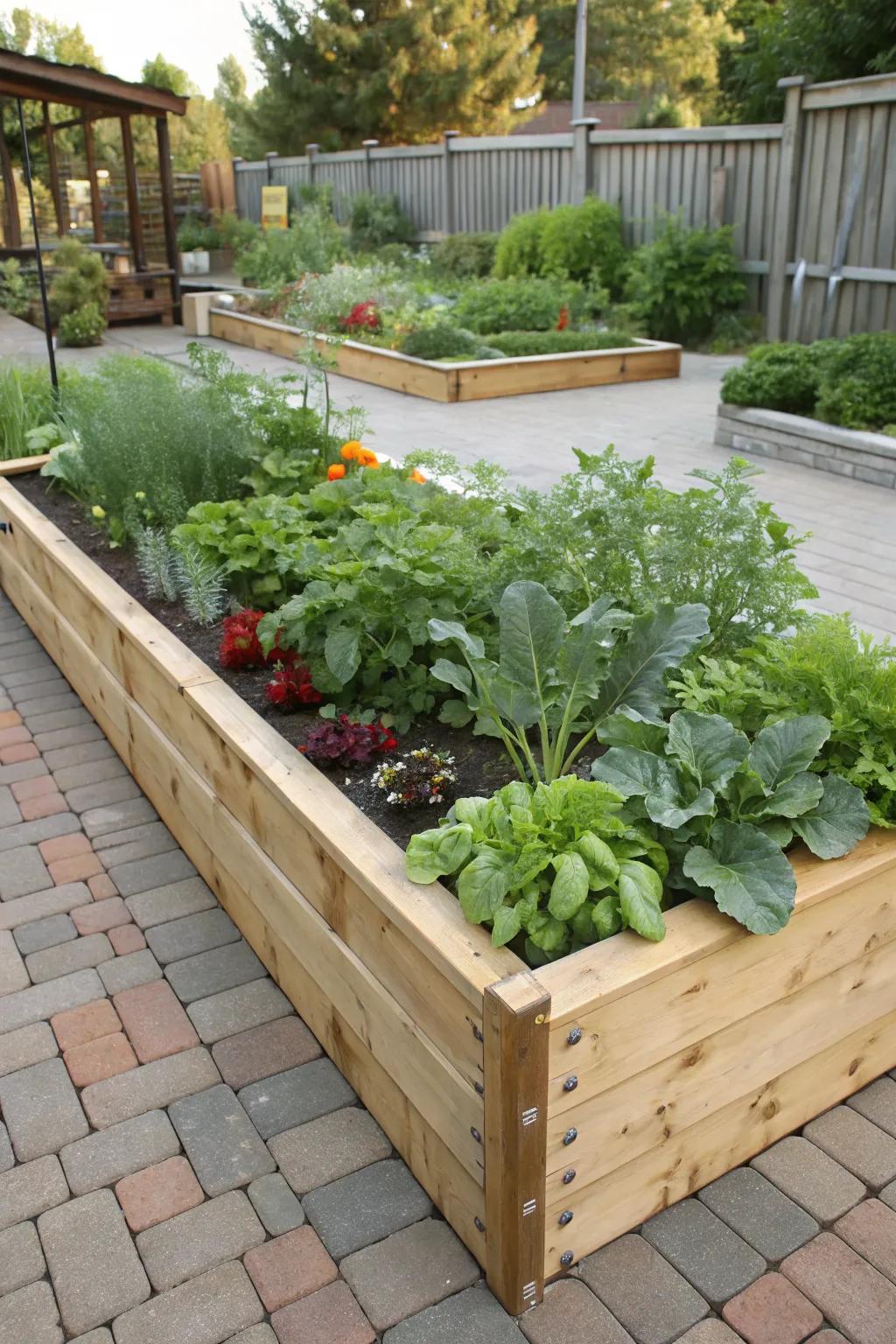 Raised wooden beds offer both aesthetics and functionality.