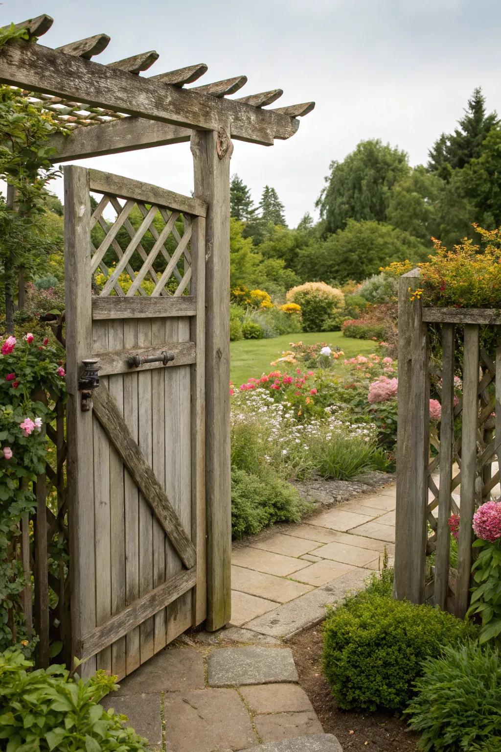 A wooden gate with a lattice top, providing a decorative touch to your garden entrance.