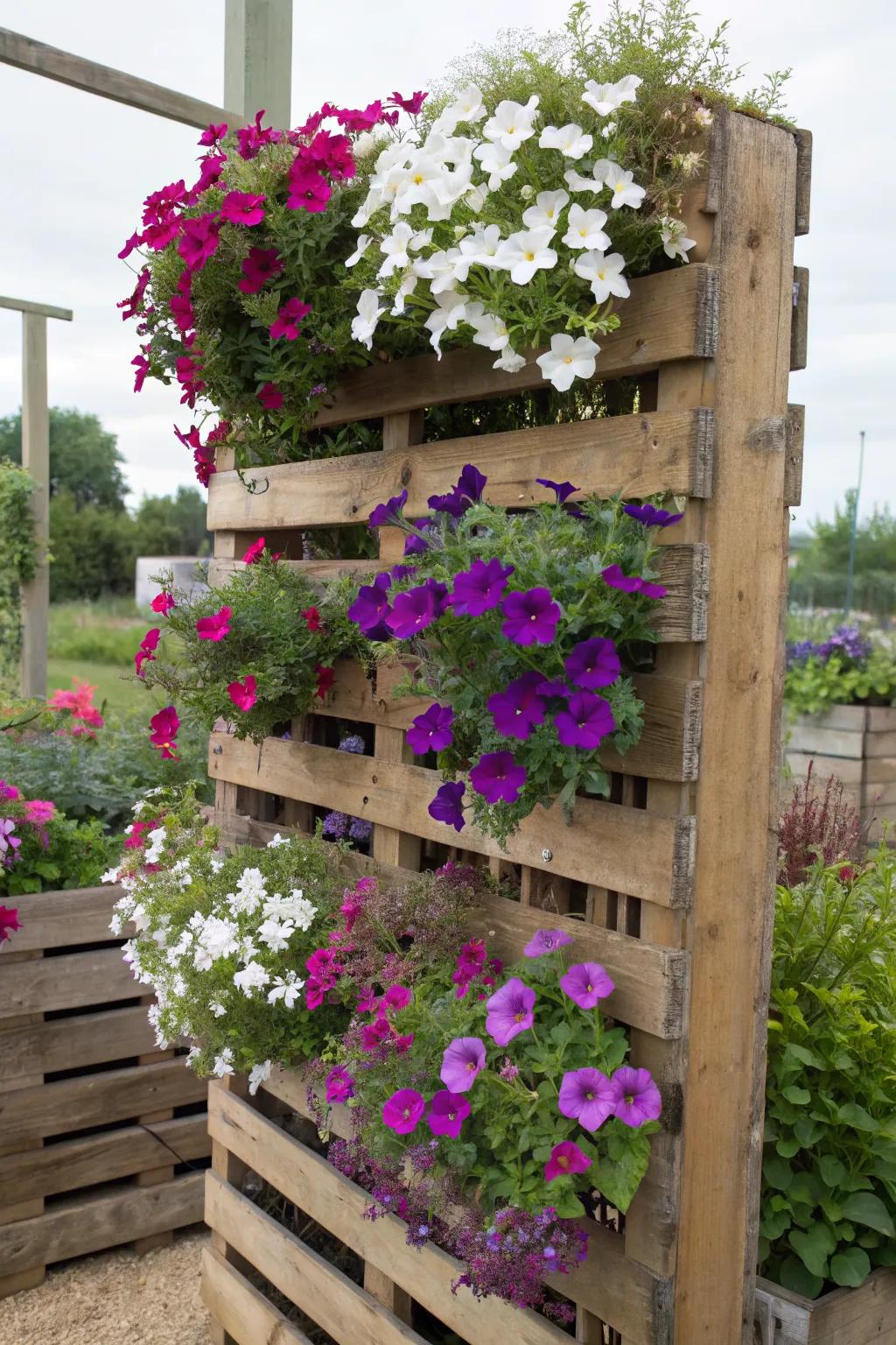 Elevate your space with a hanging pallet flower garden.