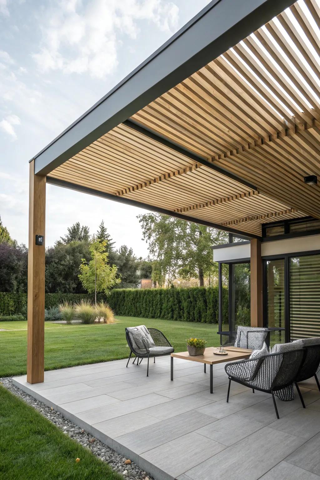 A slatted roof offers a modern aesthetic with practical sun protection.