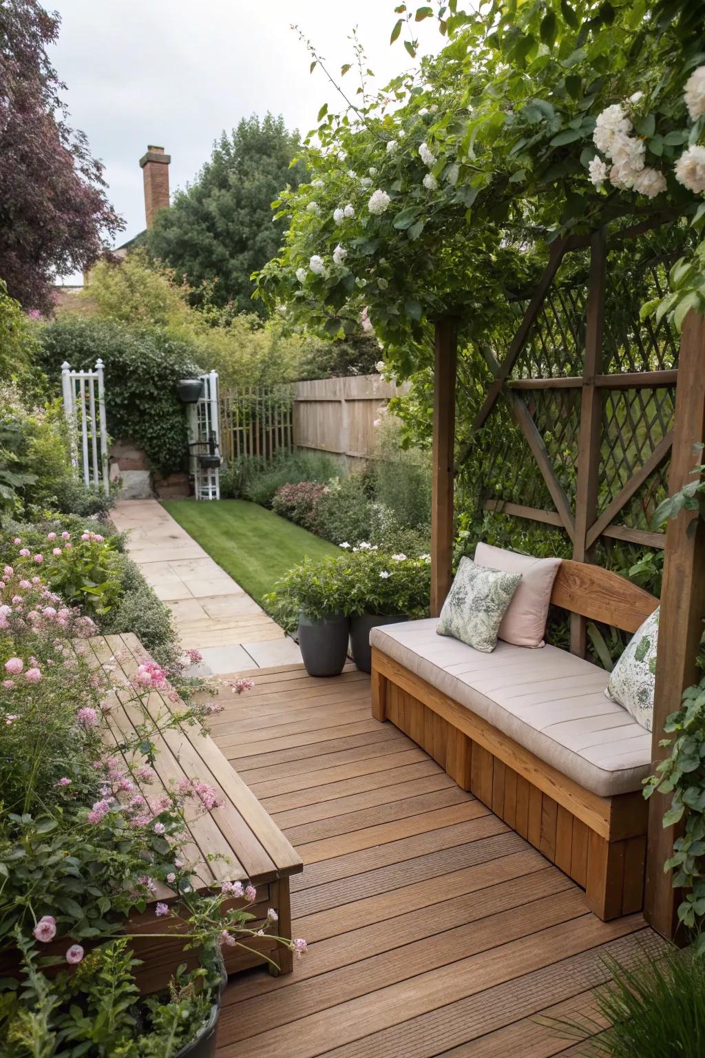 A wooden patio deck featuring sleek built-in seating.