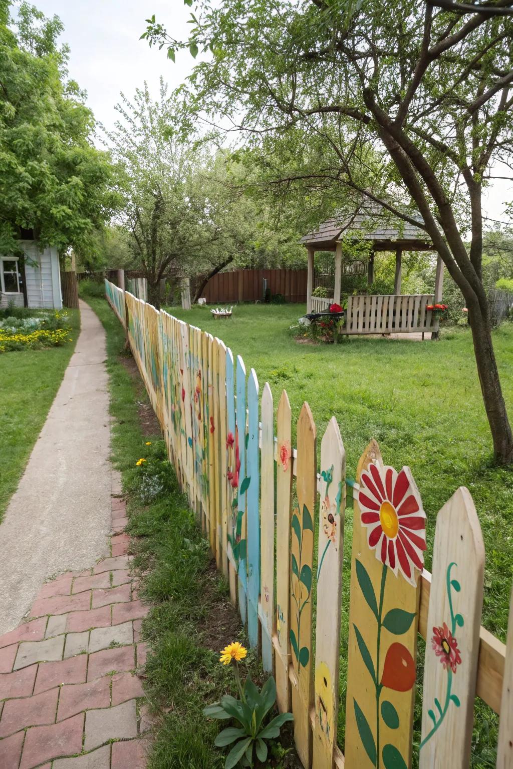 A colorful painted pattern turns this picket fence into a garden art piece.