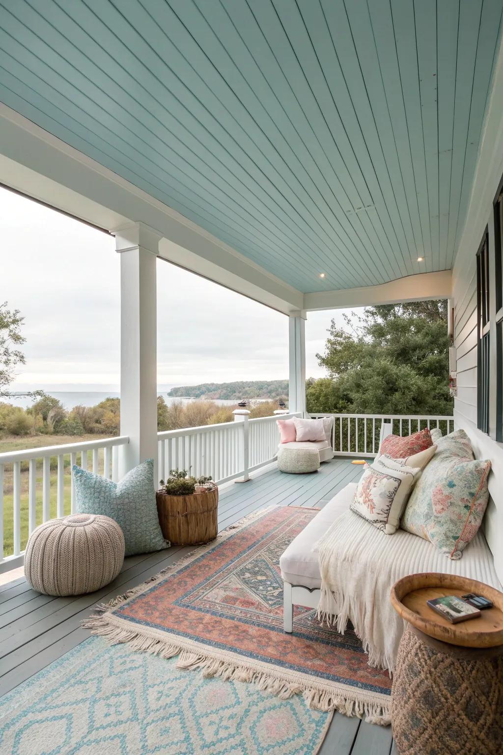 Light sky blue ceiling brings a fresh, airy feel.