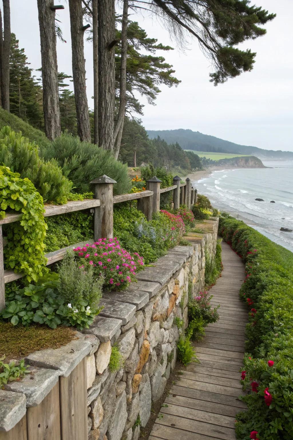 Natural stone and wood create a harmonious and sturdy seawall.