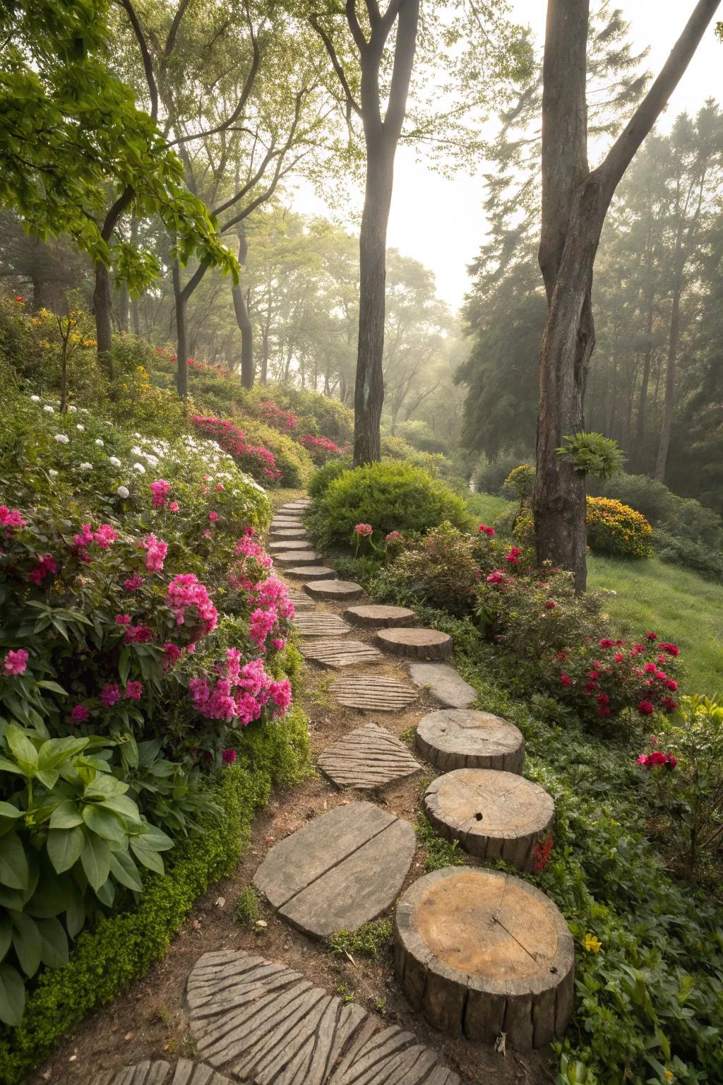 A tree slice pathway creating a magical garden journey.