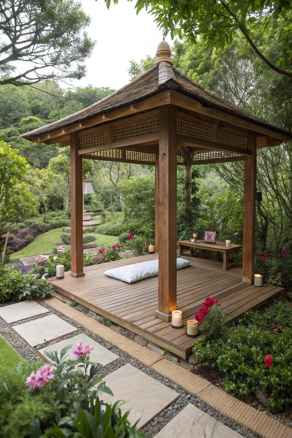 A serene Zen retreat within a minimalist wooden gazebo.
