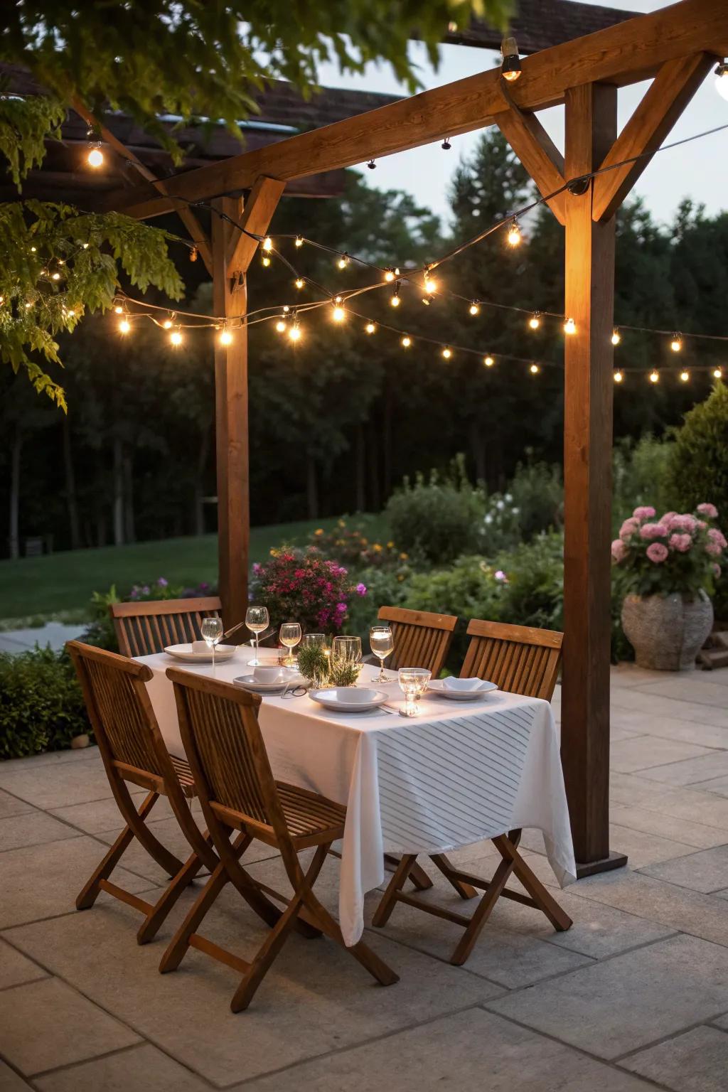 Dine under the stars with a charming wooden patio setup.