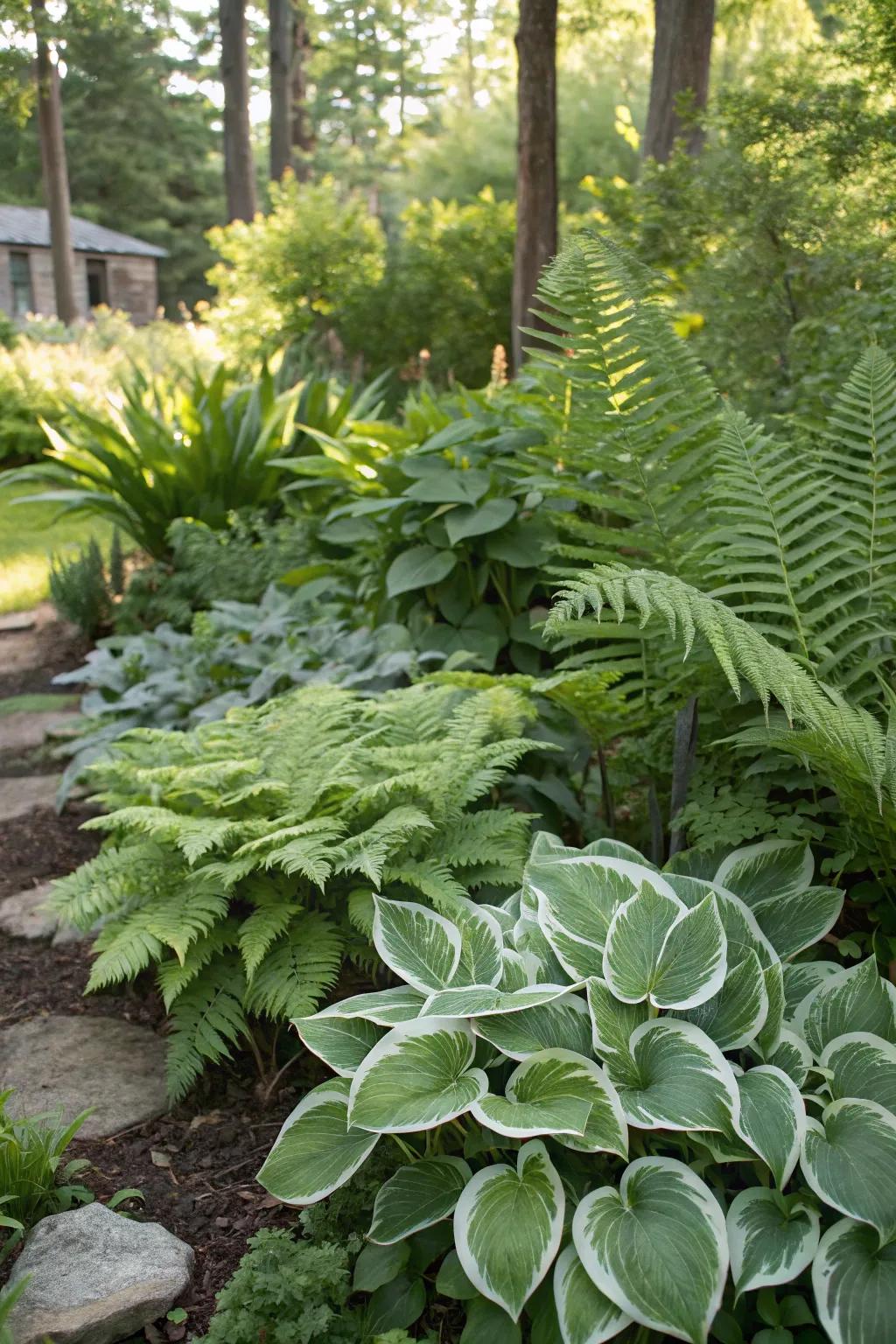 A variety of plants including ferns and hostas create a lush tapestry.