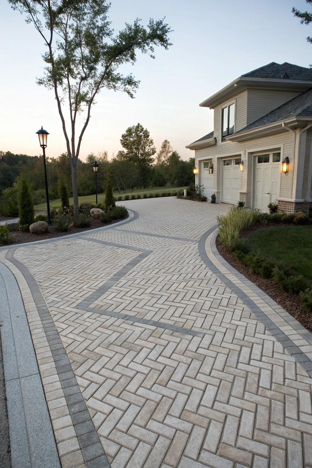 Intricate paver patterns in a herringbone style for added charm.