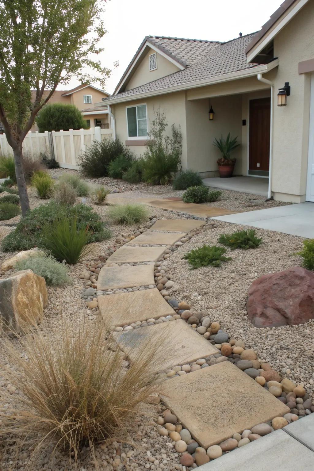 A charming gravel pathway in a xeriscape front yard.